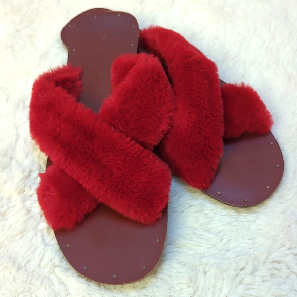 Zara Burgundy Fur Flat Sandals Size 38 - Picture 5 of 5